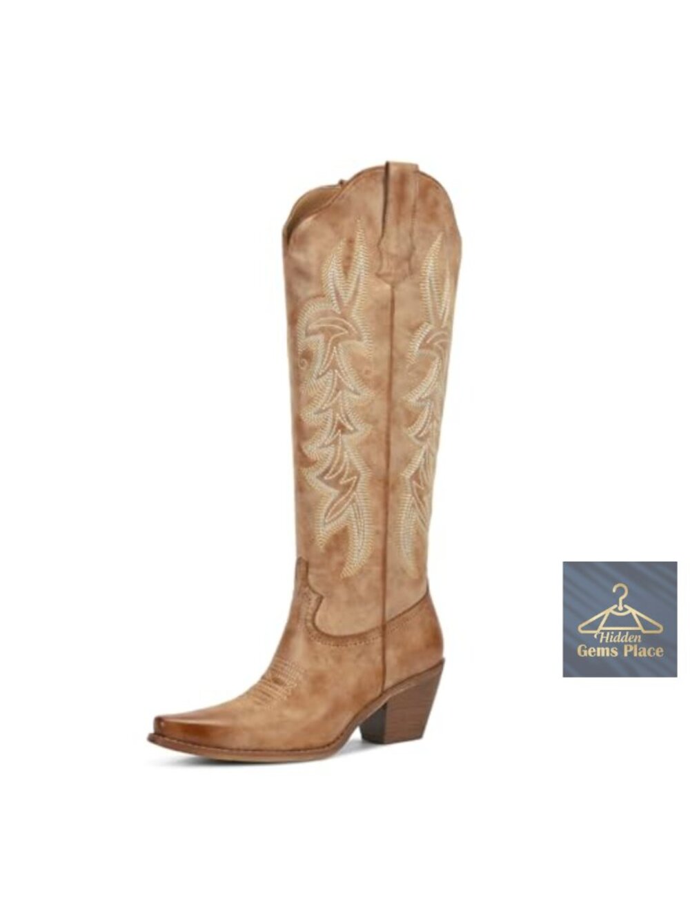 Women's PU Leather Knee High Western Boots Pointed Toe Embroidered Low Block